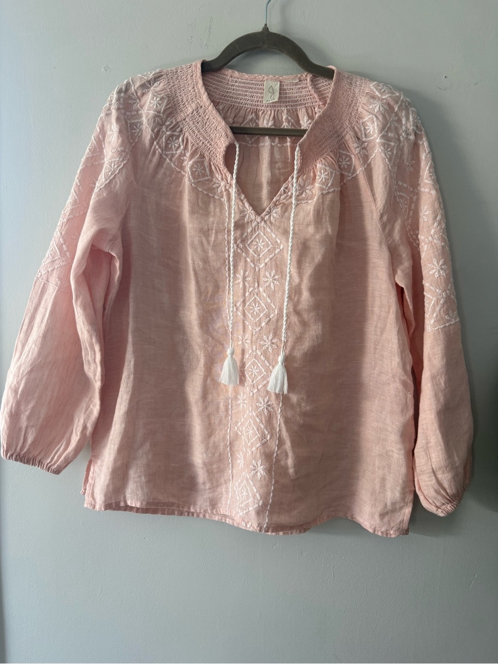 Joie Womens Embroidered 100% Linen Peasant Top Pink Bohemian Size Medium